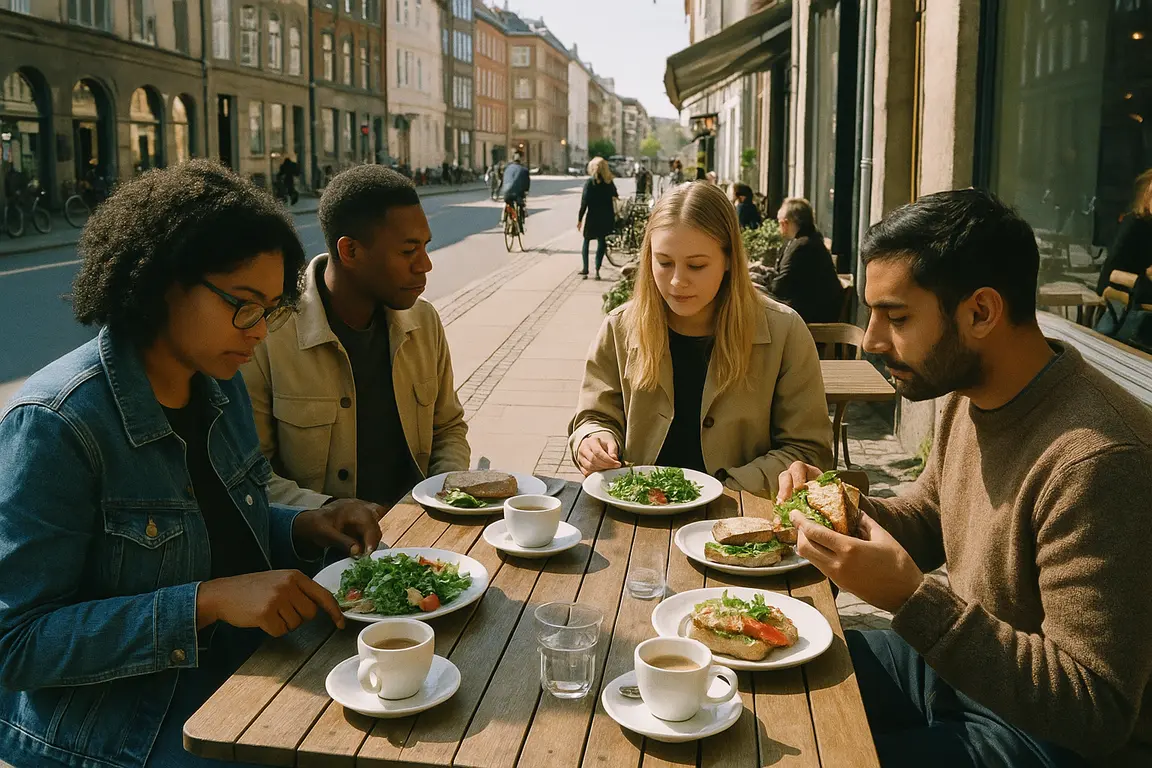 Folk der nyder frokost sammen på en udendørs café i København på en solrig dag