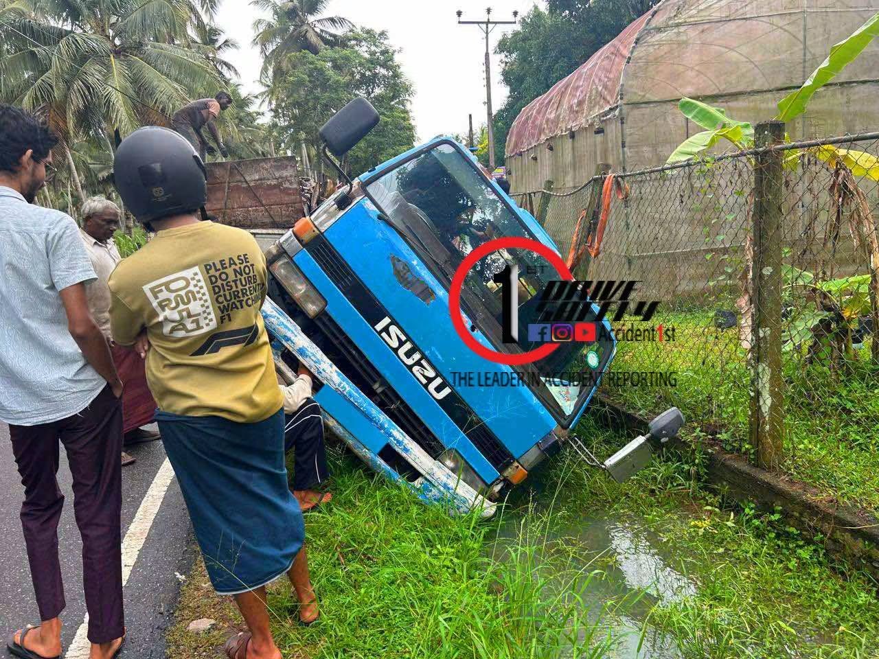 A lorry transporting iron in Narammala goes off the road and meets with an accident