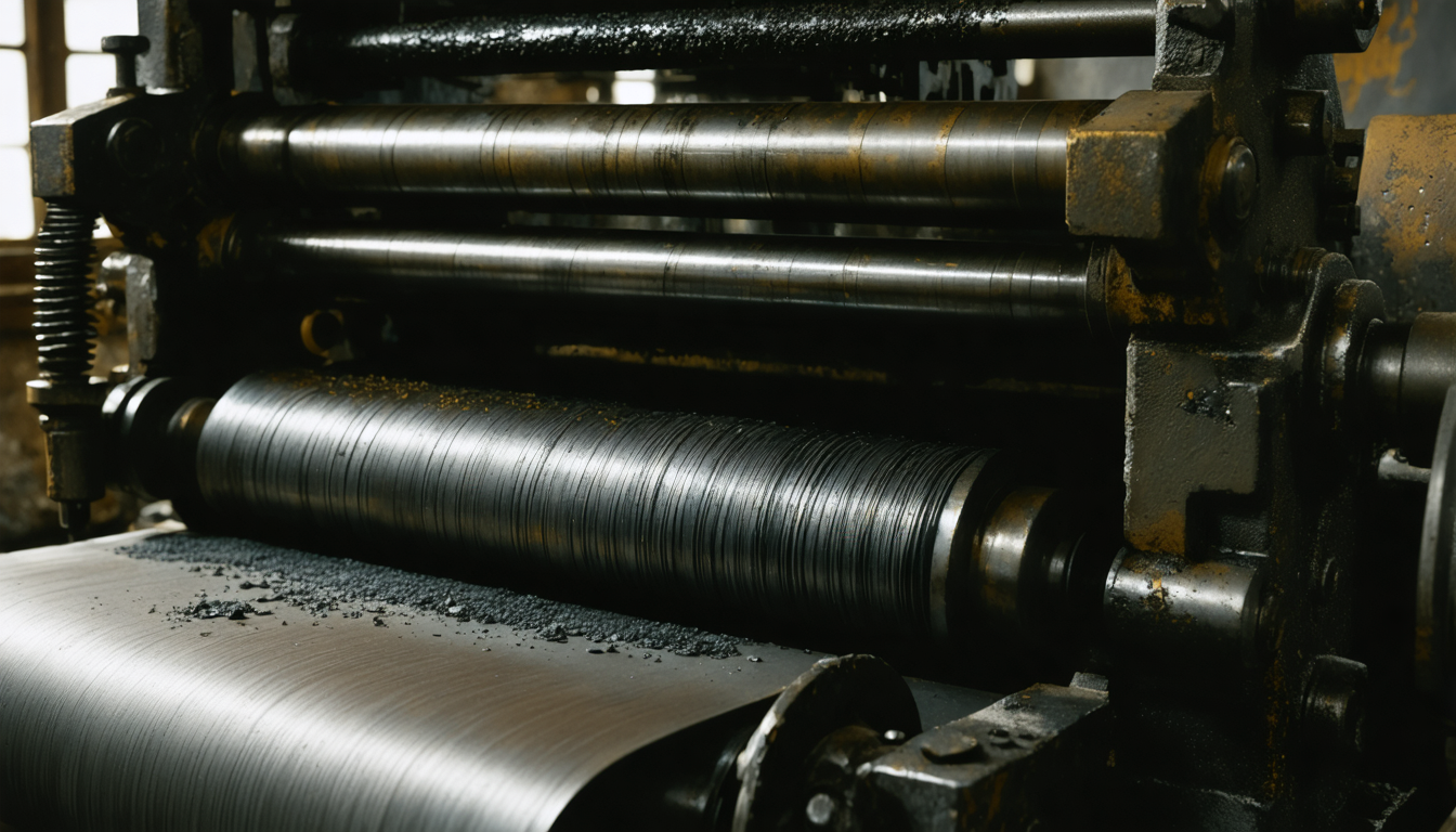 An old newspaper printing press in a dimly lit industrial space, rollers frozen mid-rotation, ink residue on metal surfaces