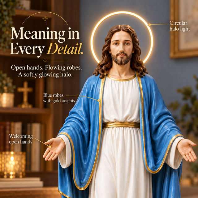 Close view of the Jesus-inspired figure with open hands, blue robes and circular halo light