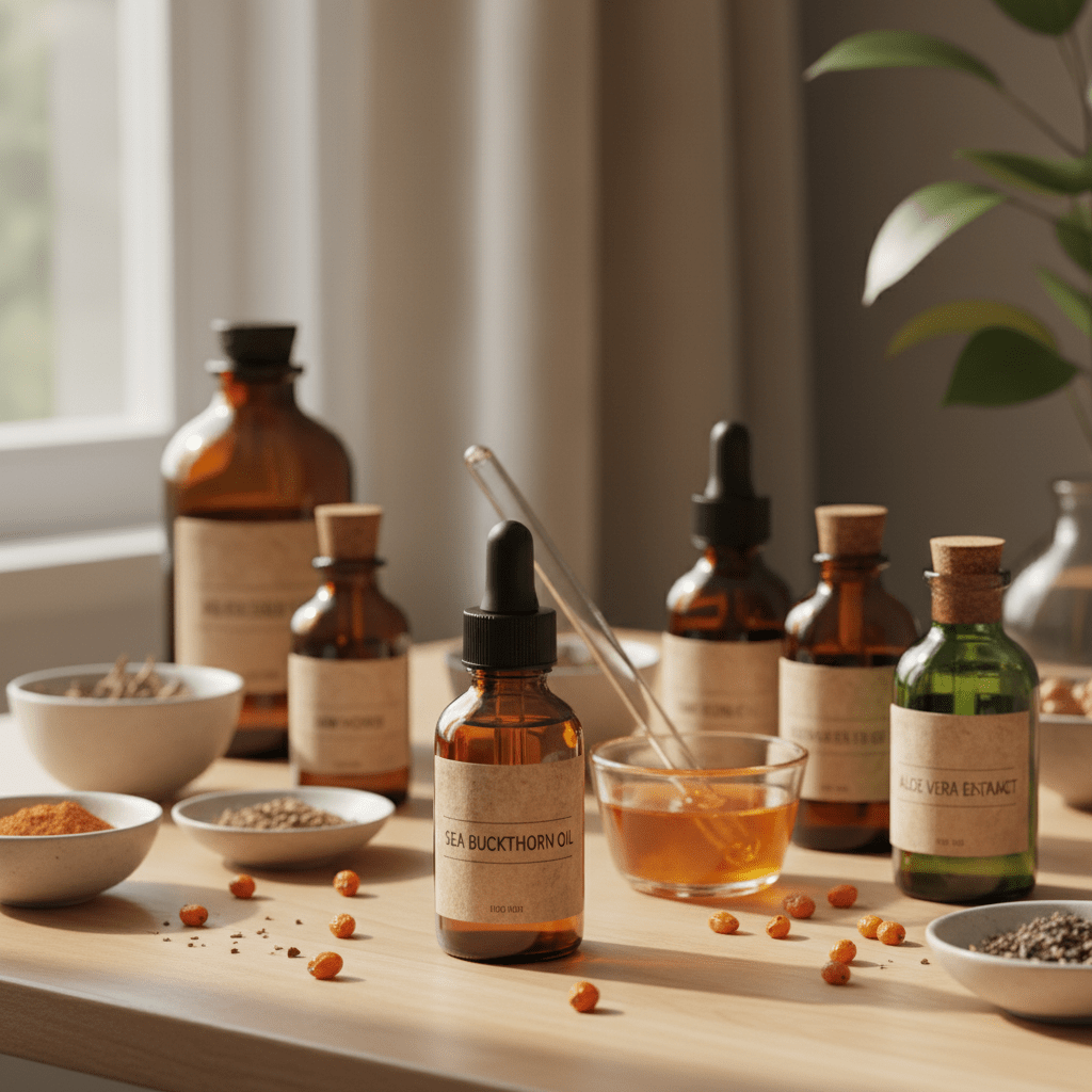 DIY skincare ingredients with sea buckthorn oil, honey, aloe, and dark glass bottles