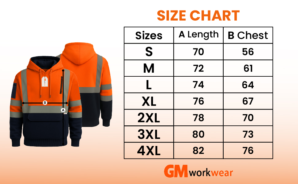 Hi Vis Pro Pullover Hoodie Size Chart S M L XL 2XL 3XL 4XL Measurements