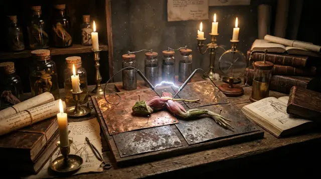 Frog leg galvanic experiment with electrical spark in candlelit 18th-century laboratory, dramatic mood