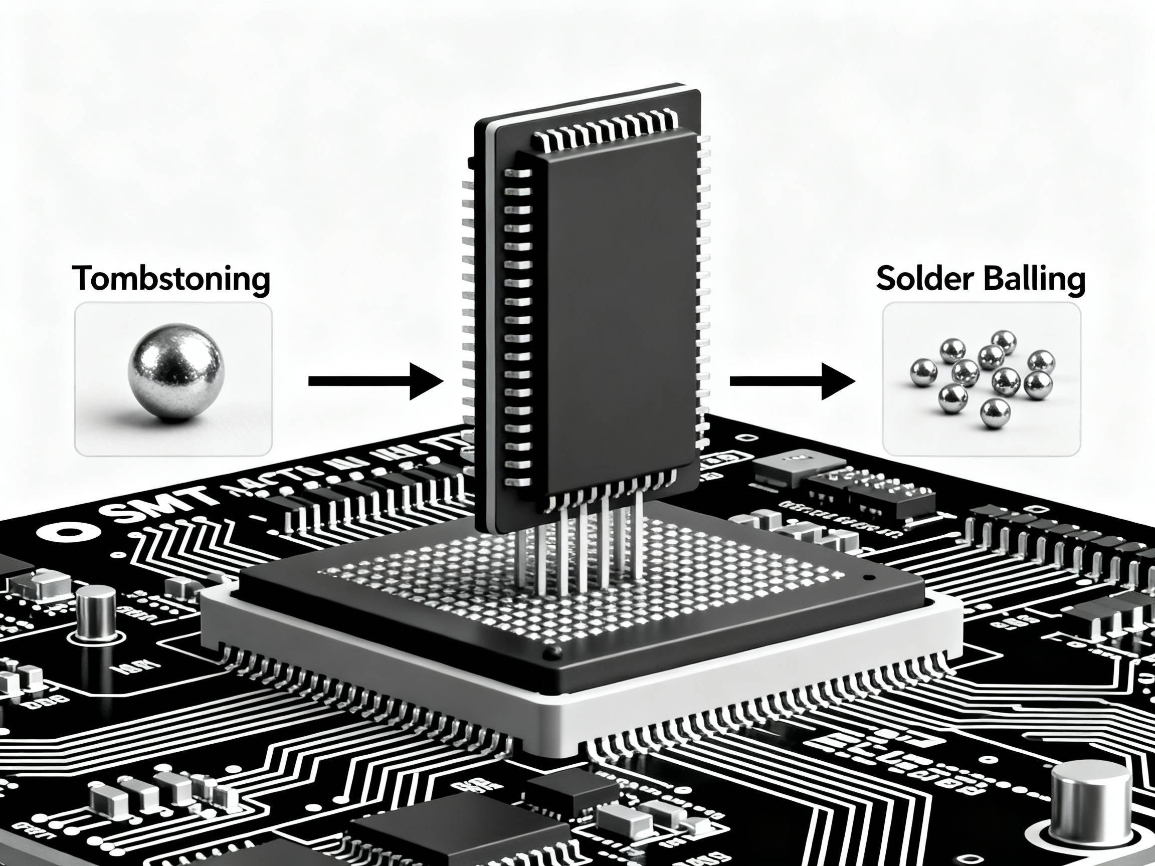 Common SMT soldering defects: tombstoning and solder balling.