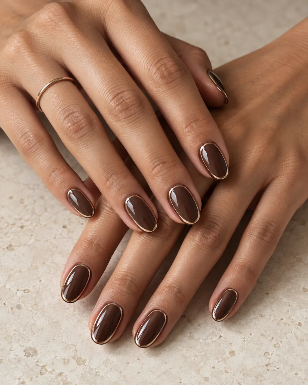 Chocolate Brown Chrome Outline manicure inspiration for chocolate brown nail ideas