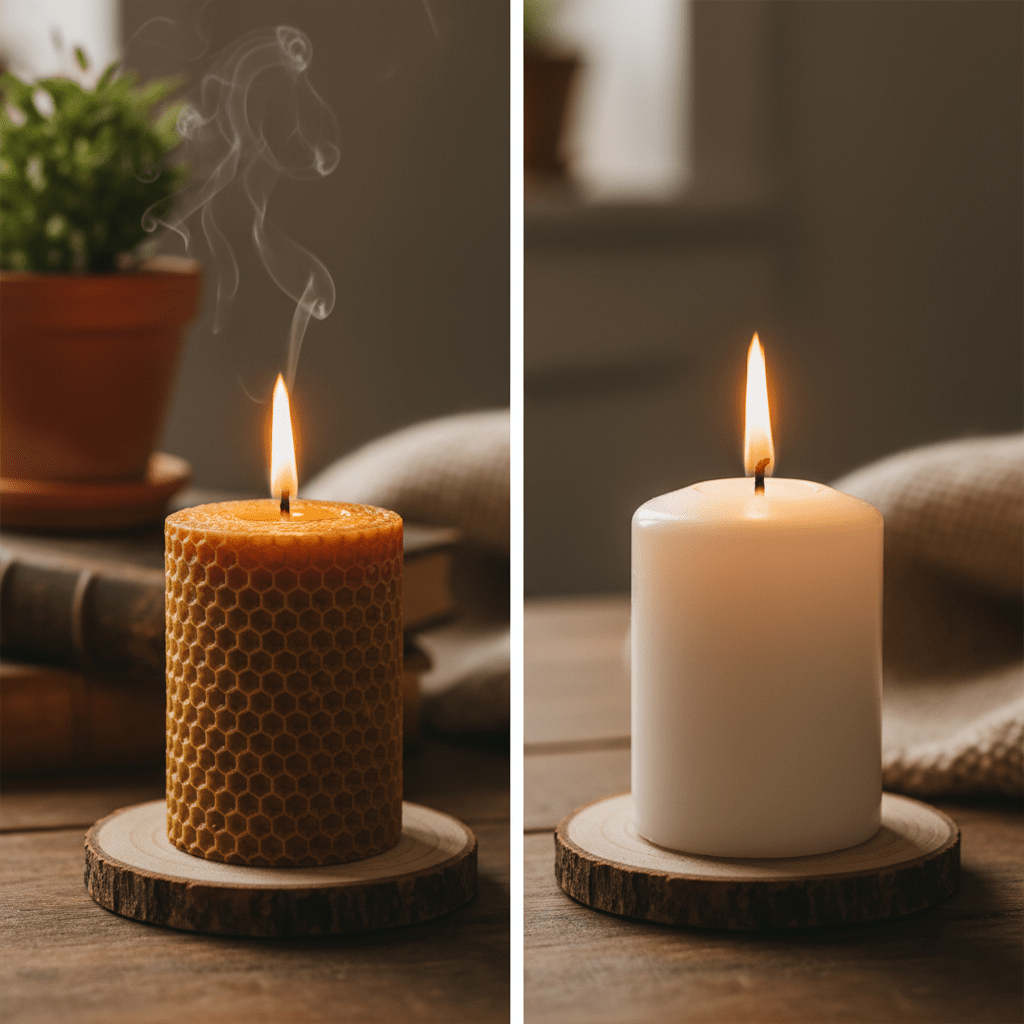 Close-up comparison of beeswax candle and paraffin candle