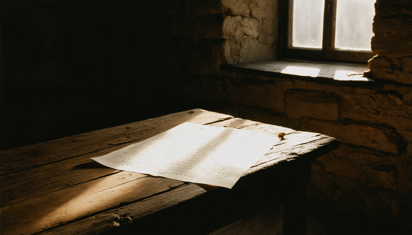 A single sheet of paper on a bare table in a shadowed room, lit by one narrow window beam, its handwriting faint and reversed.