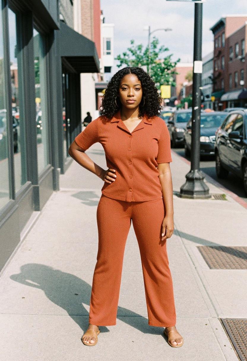 Burnt orange ribbed lounge set styled with urban confidence on a city sidewalk