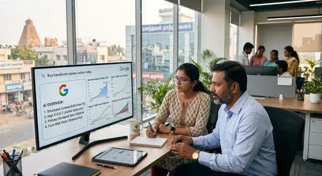 Indian business executives reviewing Google AI Mode search metrics on a desktop monitor in Tamil Nadu