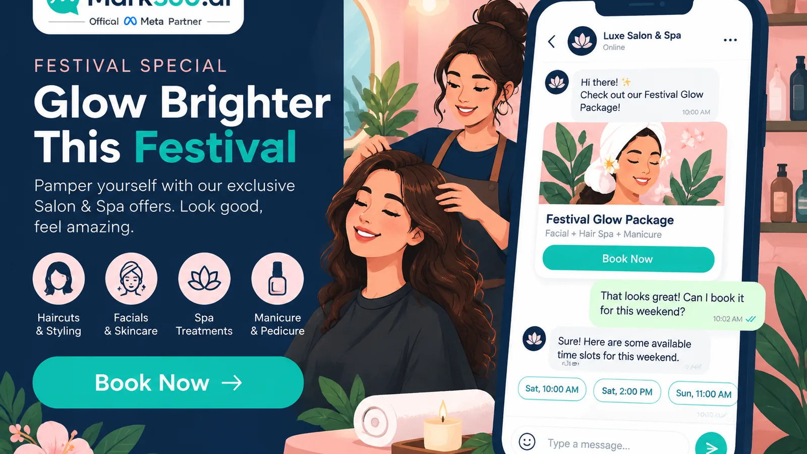 Salon festival package WhatsApp marketing broadcast with Book now button