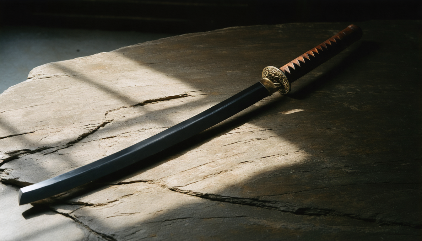 A single wooden practice sword resting on a rough stone surface in a dim room, with visible grain and no hand holding it.