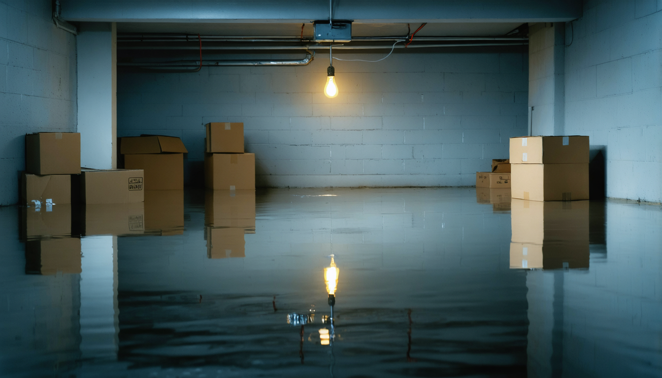 A flooded suburban basement with water covering the floor and reflecting a bare light bulb overhead.