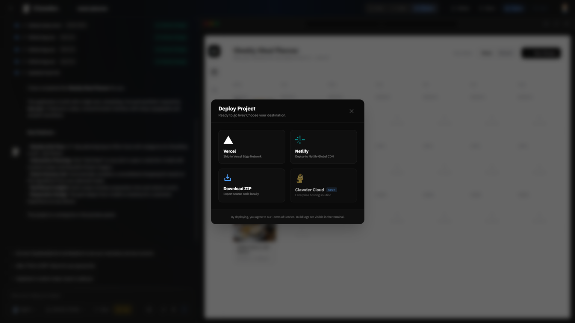 Deploy modal — selecting Netlify
