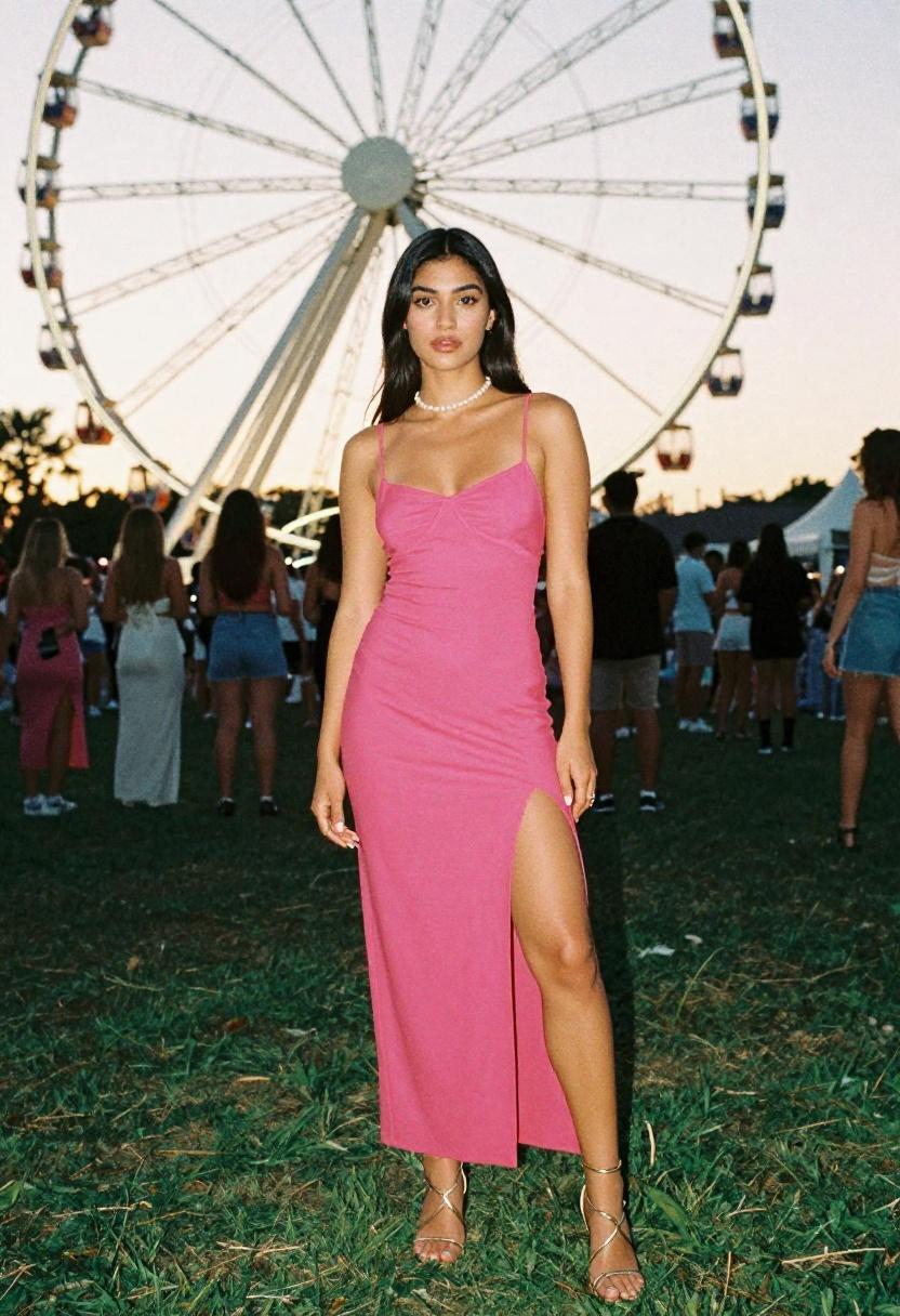 Bold fuchsia slip dress with gold sandals for spring bachelorette celebration