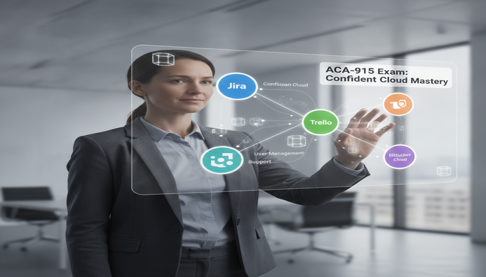 ACA-915 Exam: Confident Cloud Mastery A confident professional interacting with a holographic display showing a clear, interconnected Atlassian Cloud ecosystem, representing mastery and readiness for the ACA-915 exam.