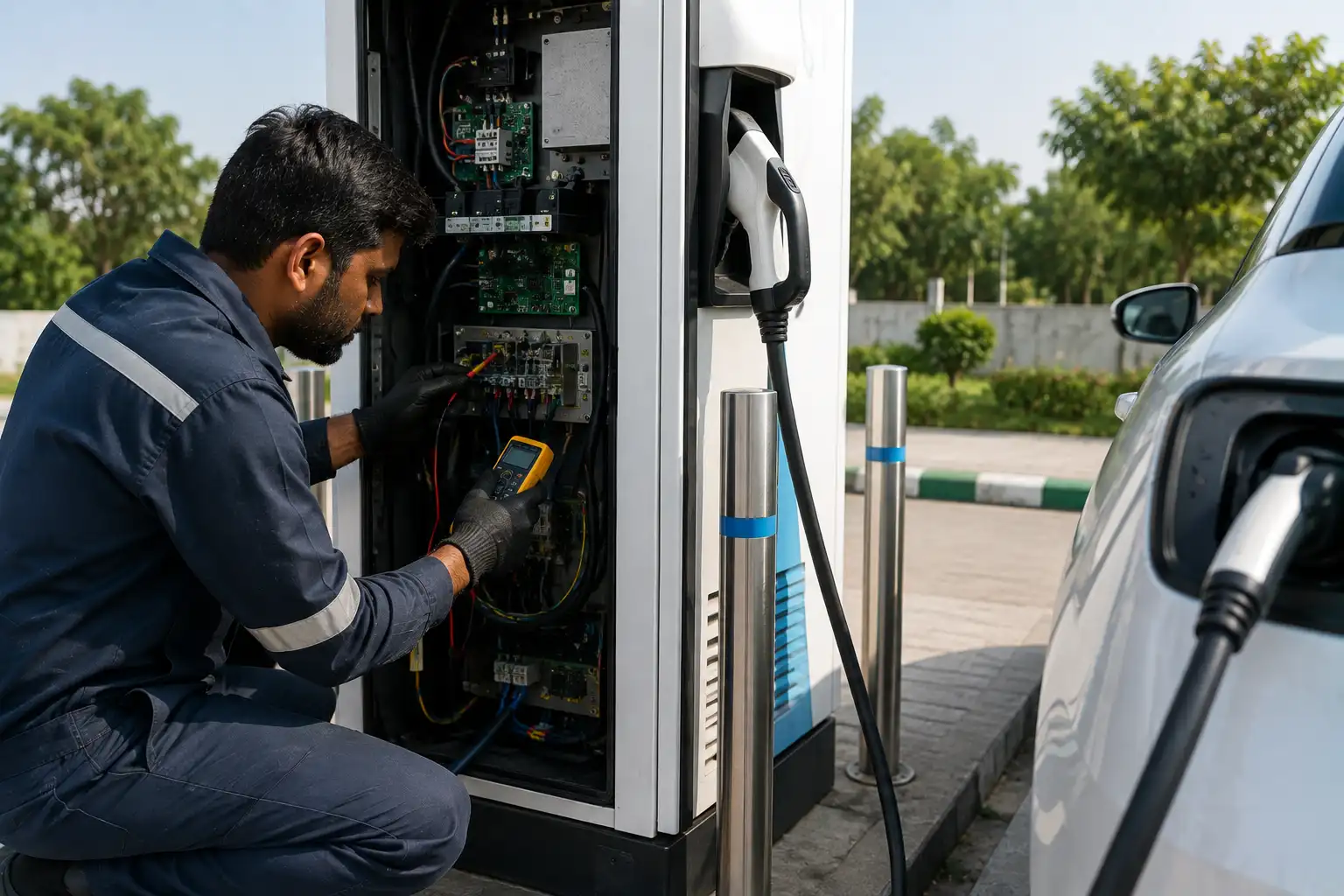 EV infrastructure engineer servicing a fast charger