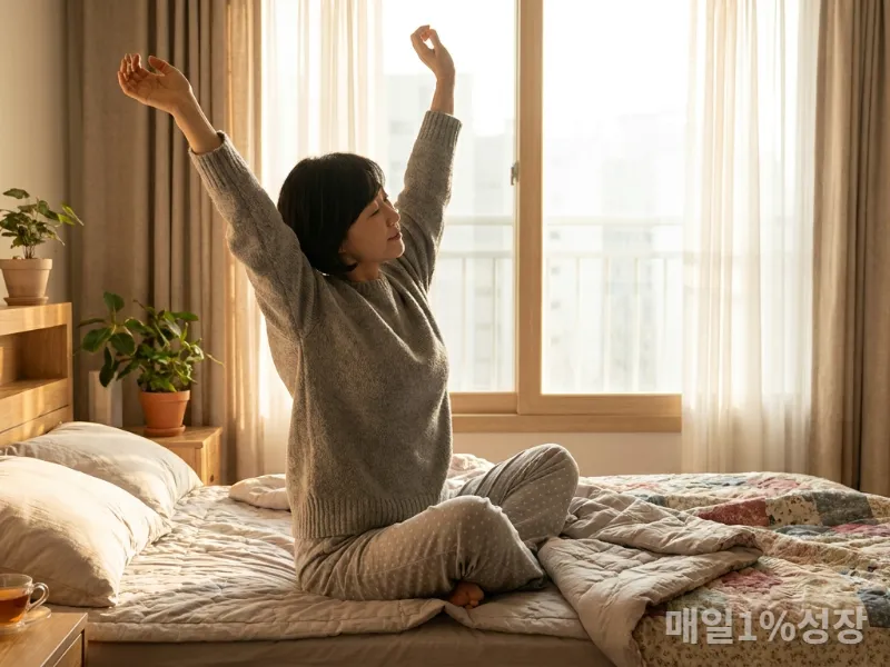40대 한국인 여성이 아침 햇살을 받으며 기지개를 켜는 모습, 편안한 침실 배경