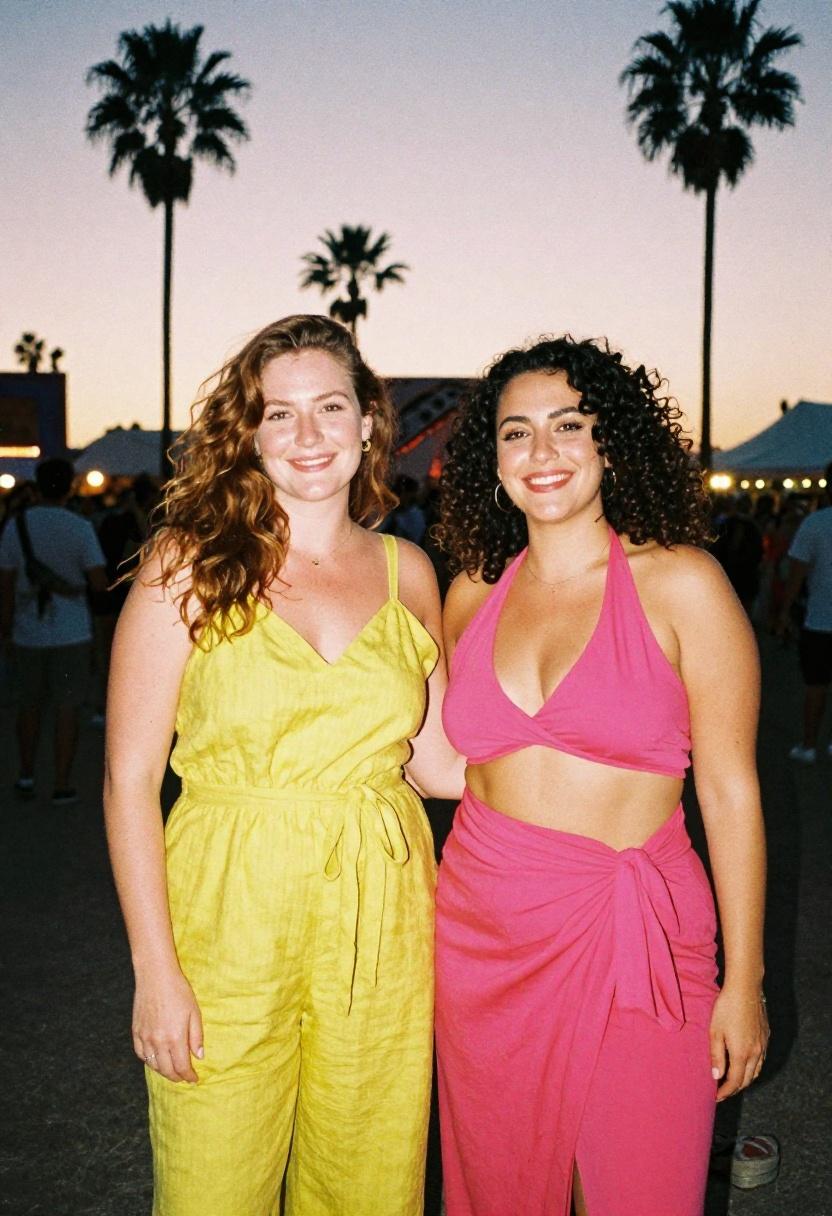 Plus-size women in yellow wide-leg jumpsuit and magenta wrap skirt at a spring festival