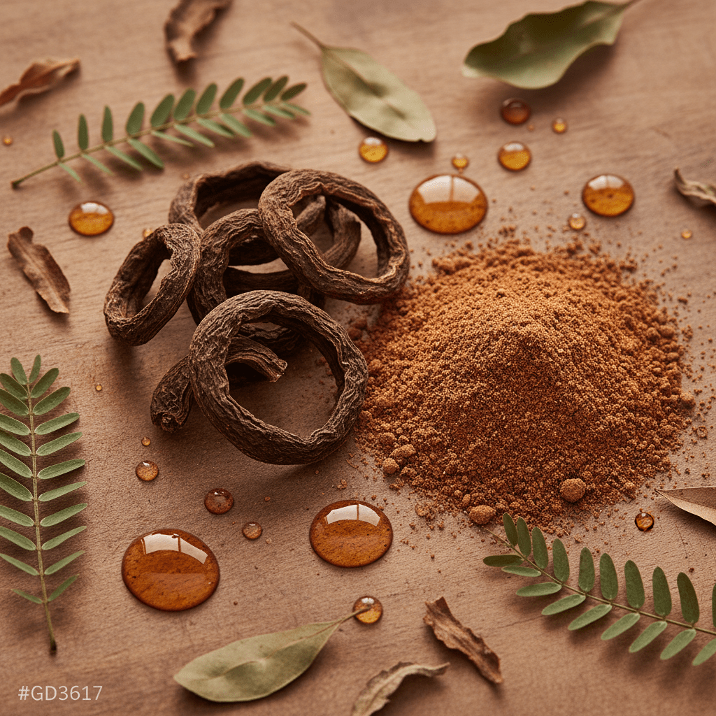 Close-up of shikakai pods and infused oil