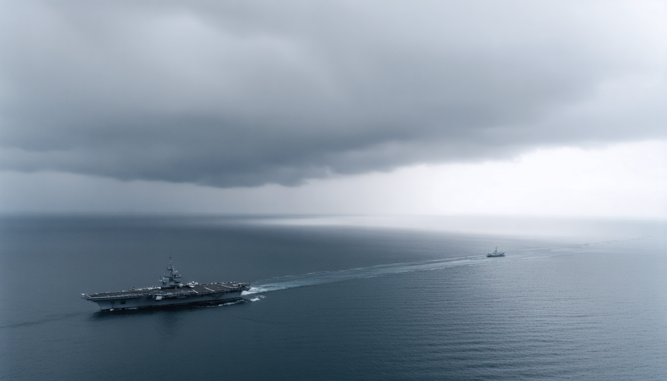 An aircraft carrier barely visible against a gray sea, projecting less power than loneliness.