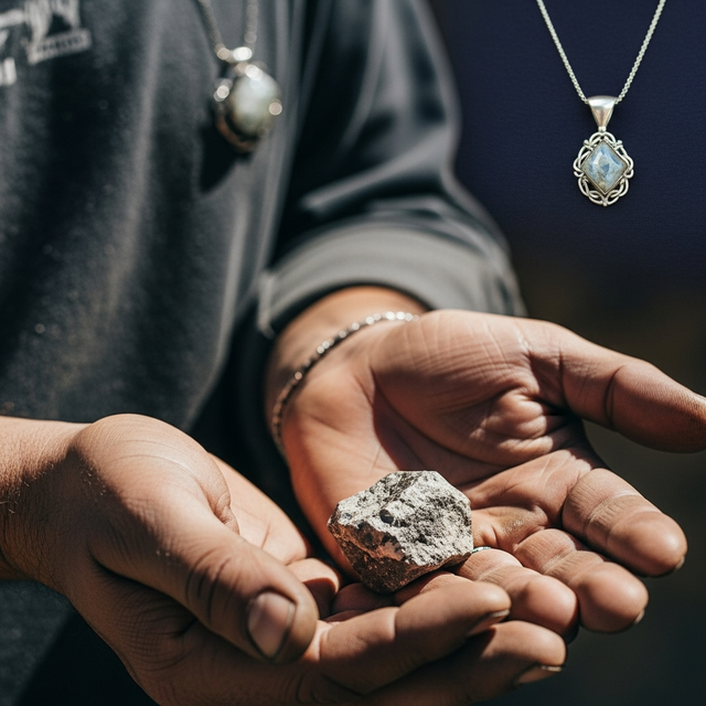O juxtapunere între mâinile unui miner care ține o piatră brută și o bijuterie finită, simbolizând legătura etică dintre consumator și comunitățile locale.