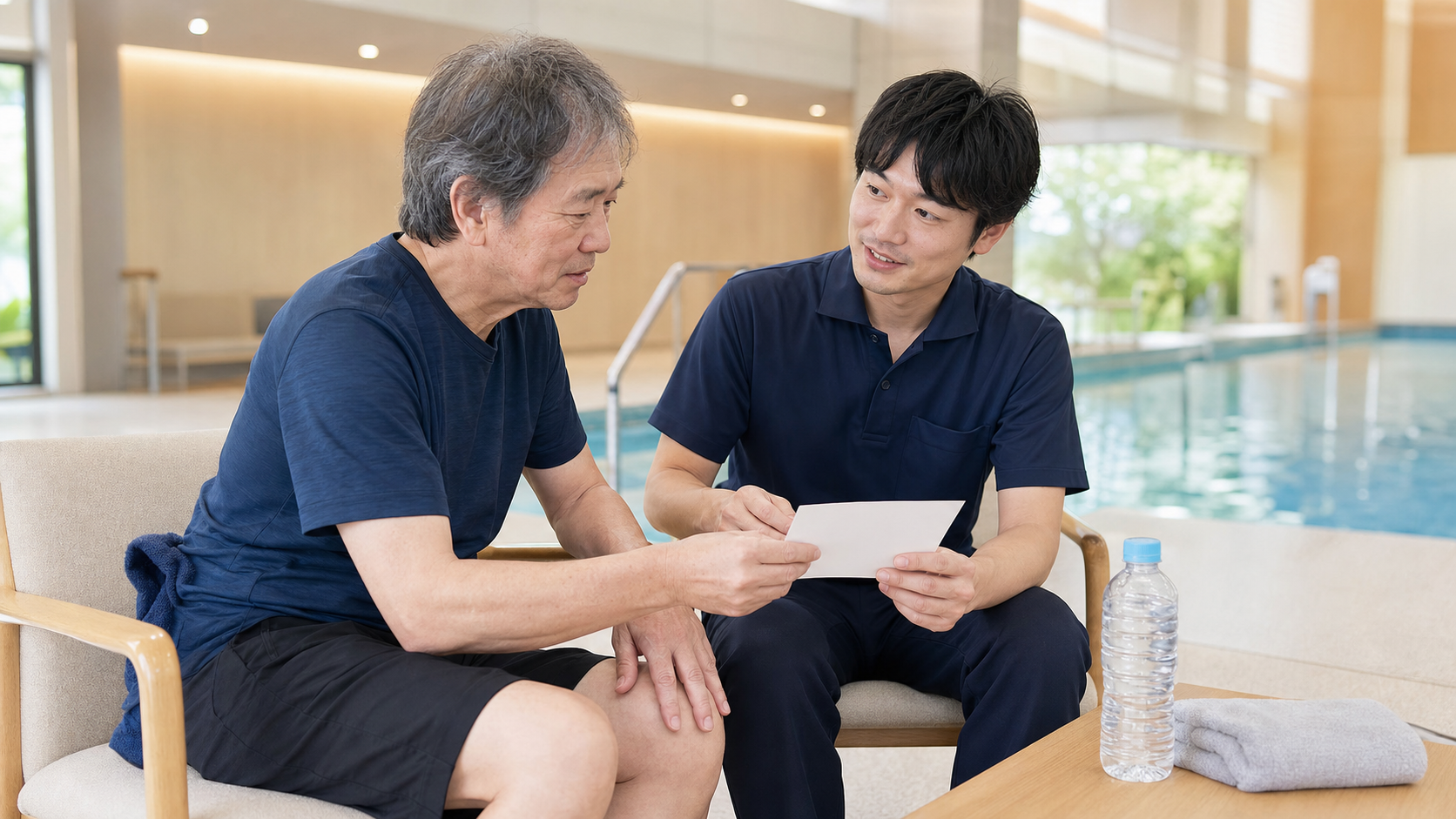 水中運動後に体調と運動計画を療法士と確認するパーキンソン病の方
