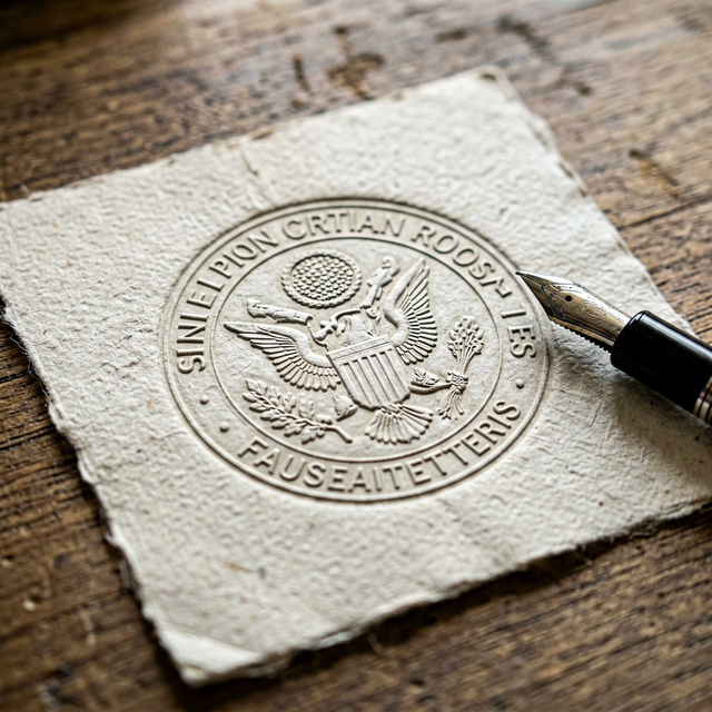 Close-up detail of embossed Federal Reserve seal on heavy cotton paper, fountain pen nib resting on wood desk grain, shallow depth of field,