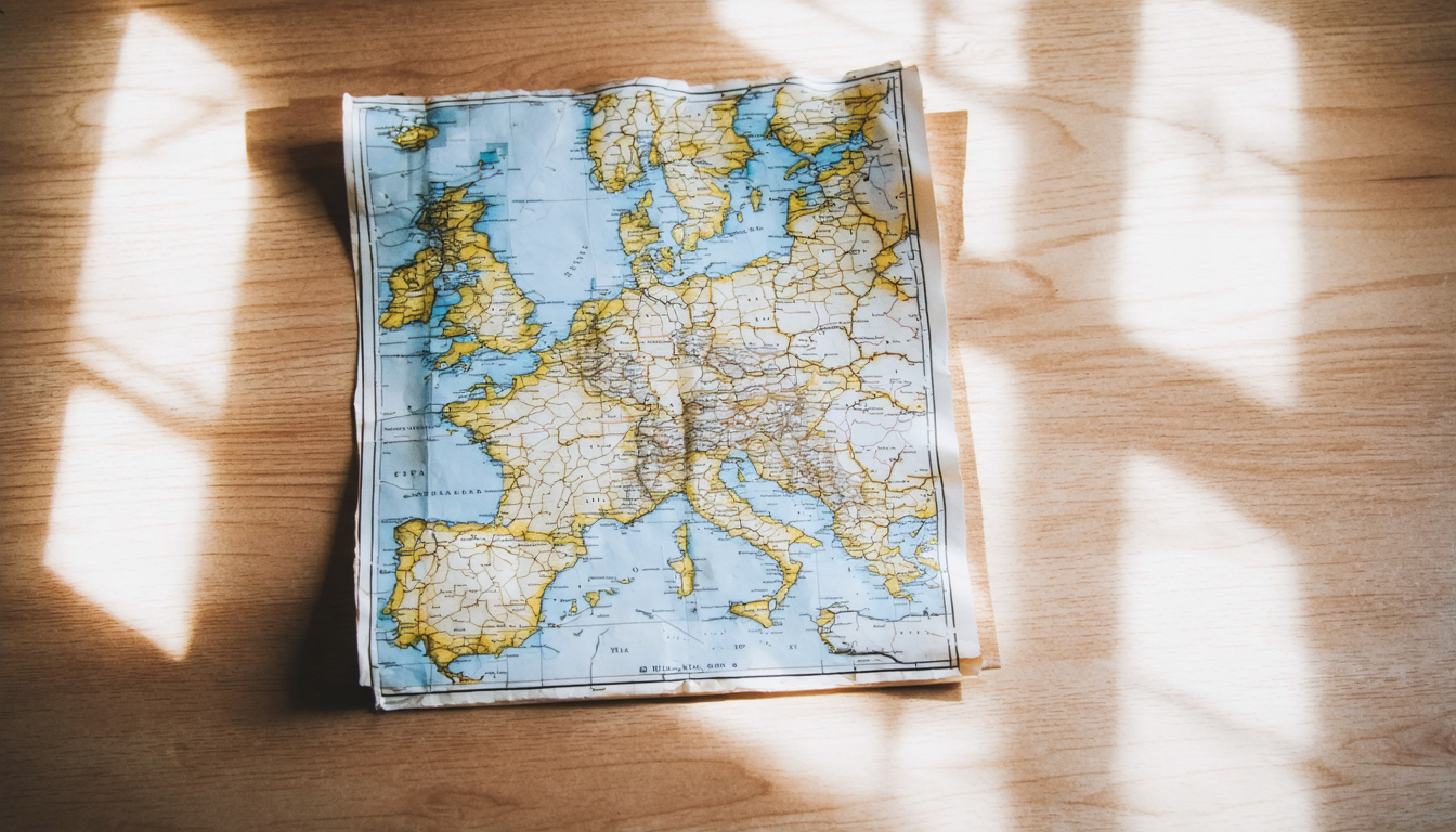 A single folded paper map resting on a weathered wooden table, with morning light falling across it from a nearby window.