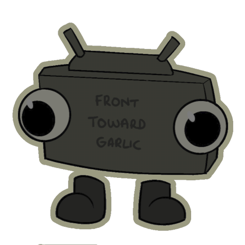 Claymore bomb concept art image. Shows a cartoon style claymore floating on its side just above 2 dark grey boots. Sports 2 cartoon eyes on either edge of it's claymore body.