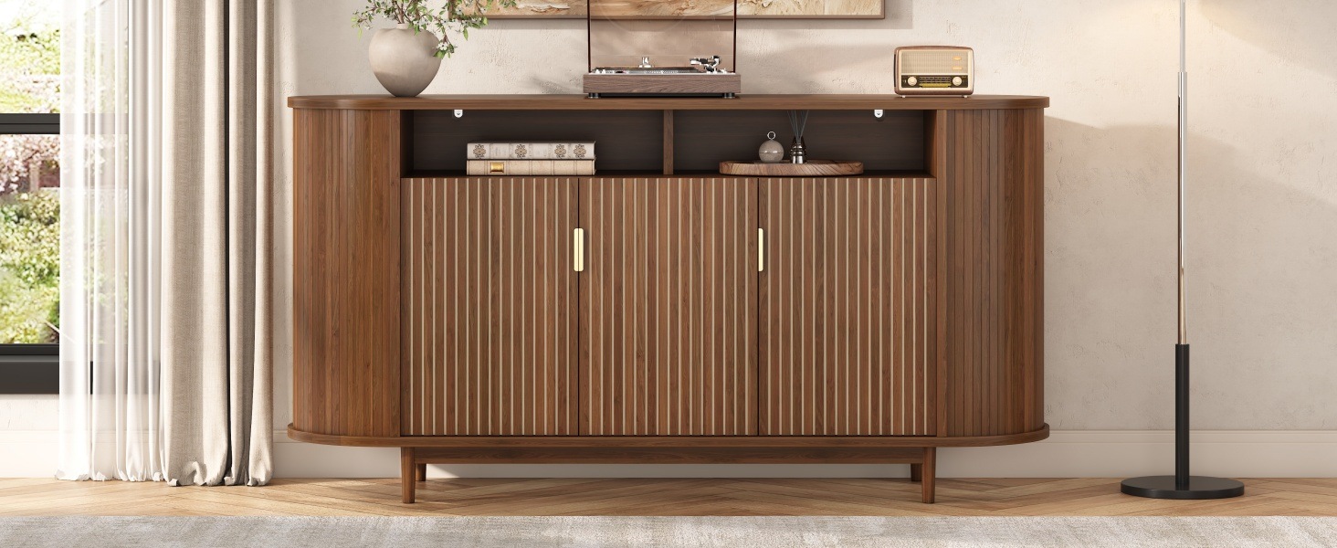 Buffet Noyer, 3 Portes, Rangement, Design Moderne, Angles Arrondis, Structure Robuste - 140x40x78cm - Salon et Salle à Manger 2