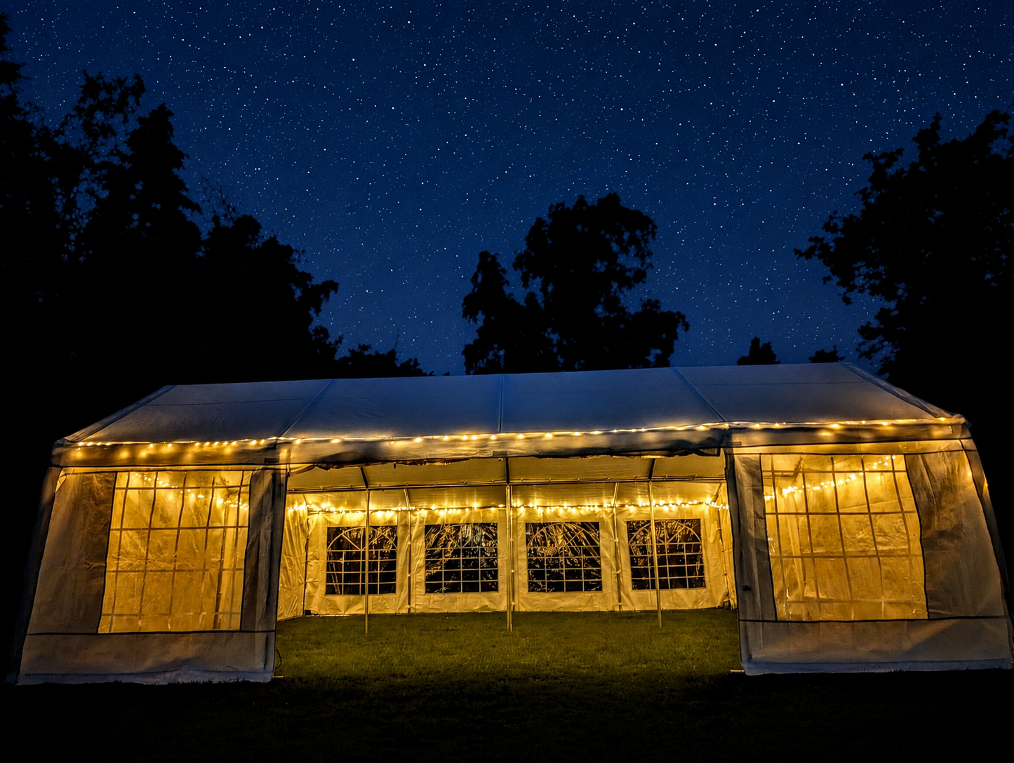 The Estate 8x4 marquee glowing under a starry sky