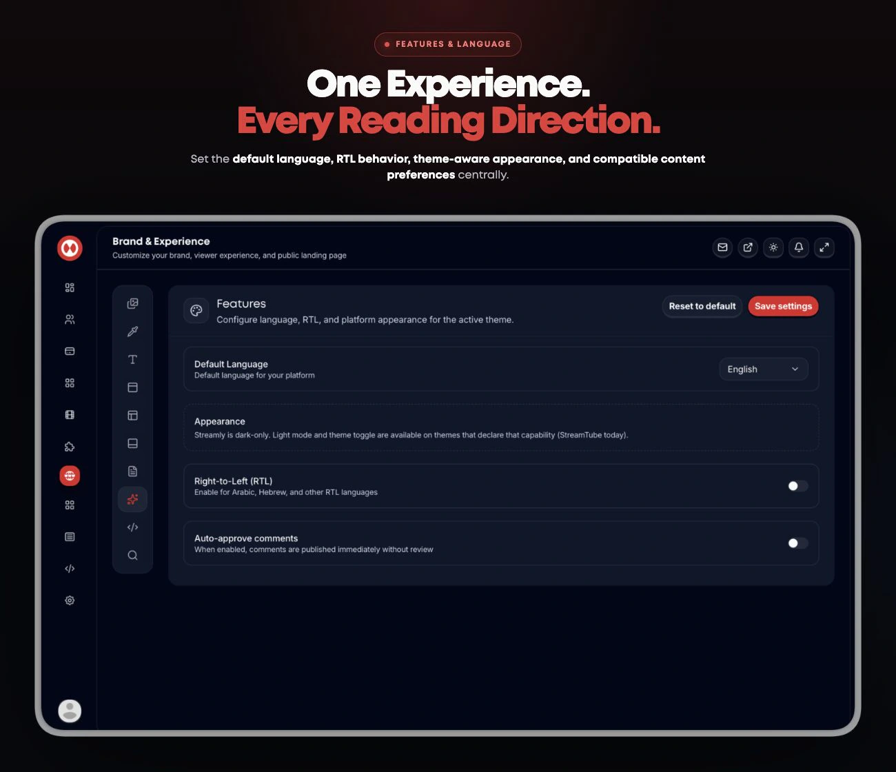 Streamly Features and Language workspace with default language, RTL mode, theme-aware appearance, and comment preferences