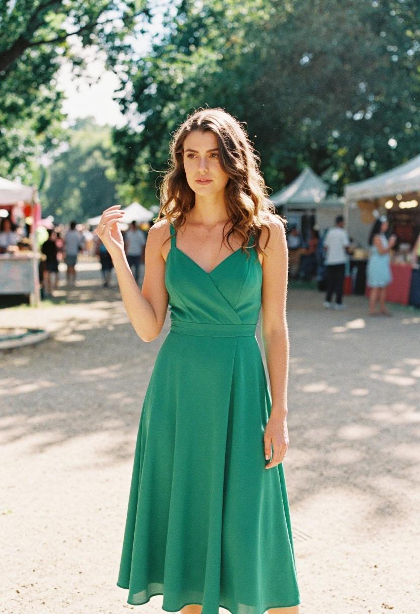 Emerald green midi bridesmaid dress with spaghetti straps styled against a sun-drenched festival backdrop