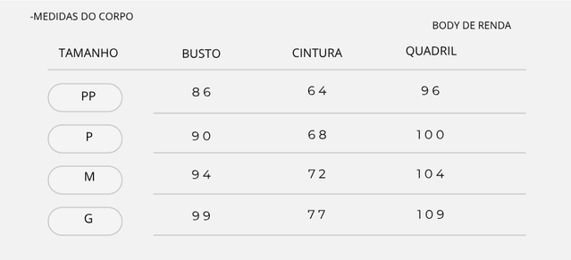 Body de Renda Medidas