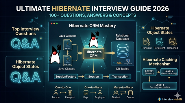 Hibernate ORM Mastery: A technical infographic showing Java objects mapping to database tables, detailing SessionFactory, Level 1 and Level 2 Caching, and Object States (Transient, Persistent, Detached) at InterviewHub.