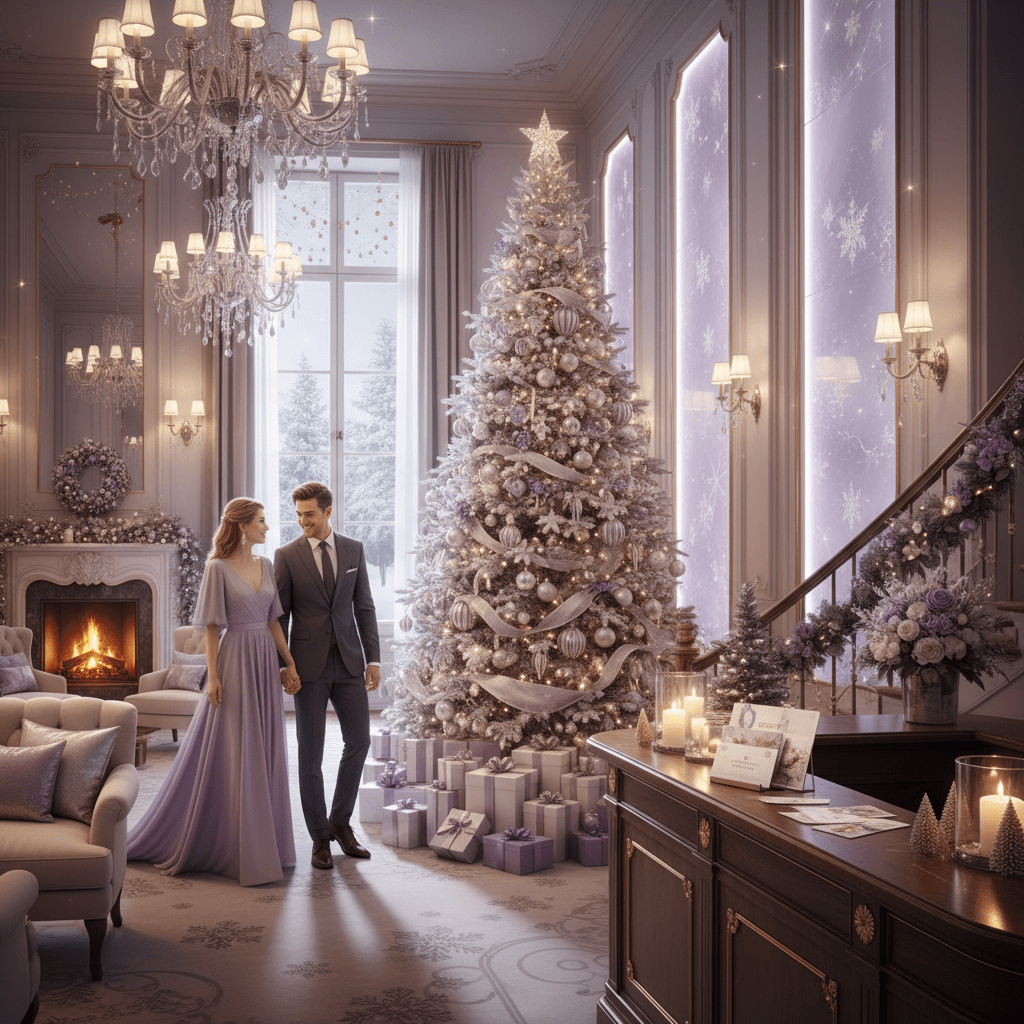 Festive winter hotel lobby with gifts and warm lighting