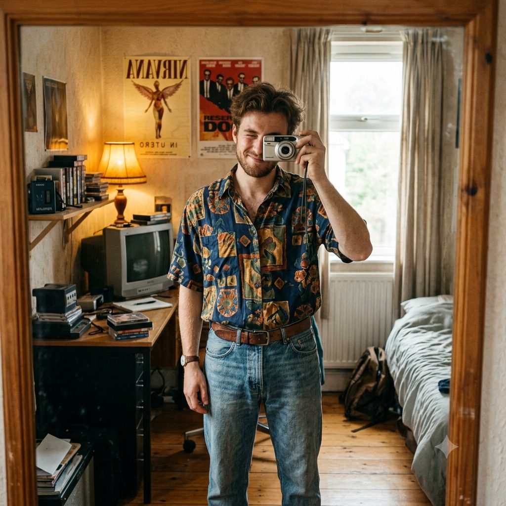 Retro Mirror Selfie Prompt – 90s Analog Film Aesthetic Portrait