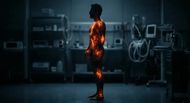 Glowing orange inflammation visible through translucent human silhouette in dark clinical setting
