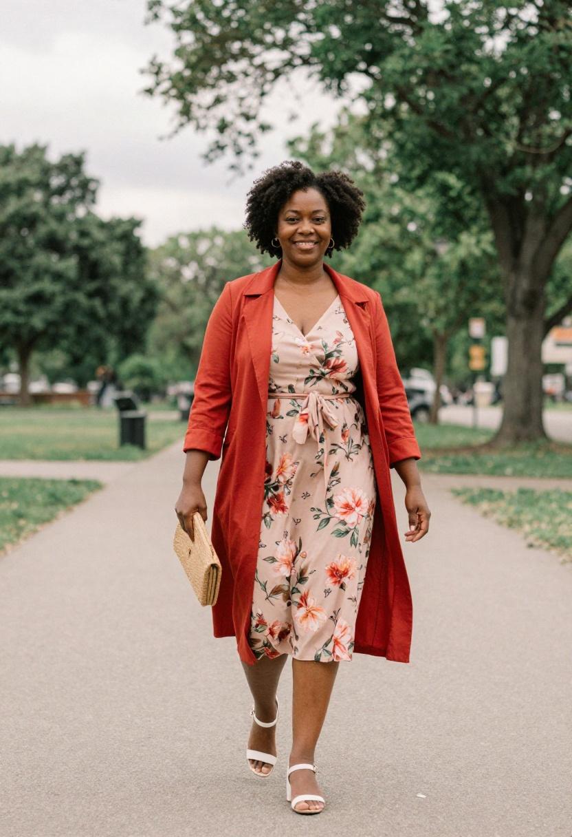 Cherry red belted shacket over floral midi dress for fresh feminine spring layering