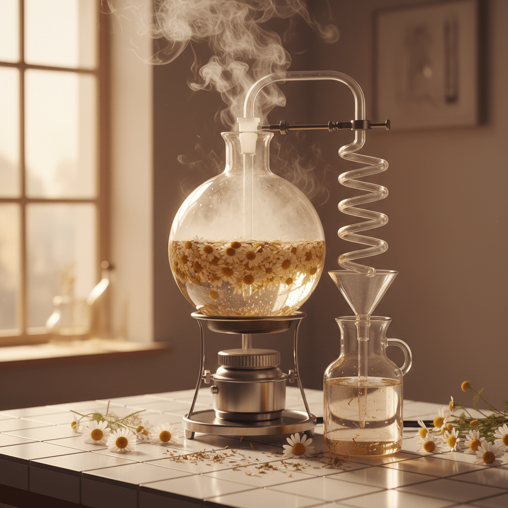 Chamomile steam distillation setup with flowers and floral water