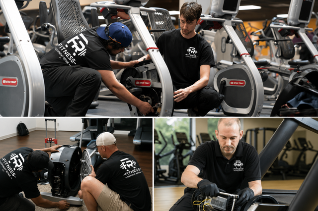Technician repairing commercial fitness equipment in Toronto, Ontario