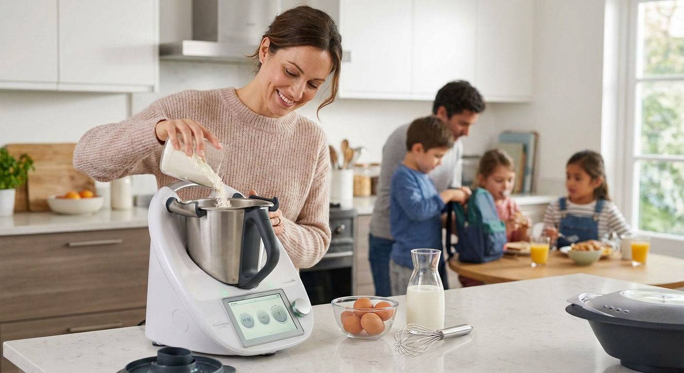 Kobieta przygotowujaca ciasto na nalesniki w thermomix.