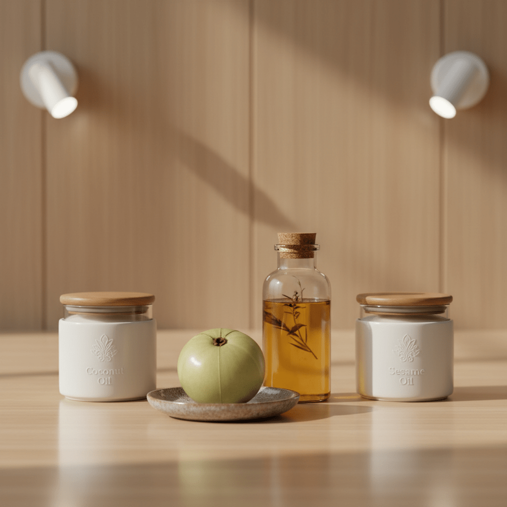 Amla oil and carrier oils in a clean spa setting