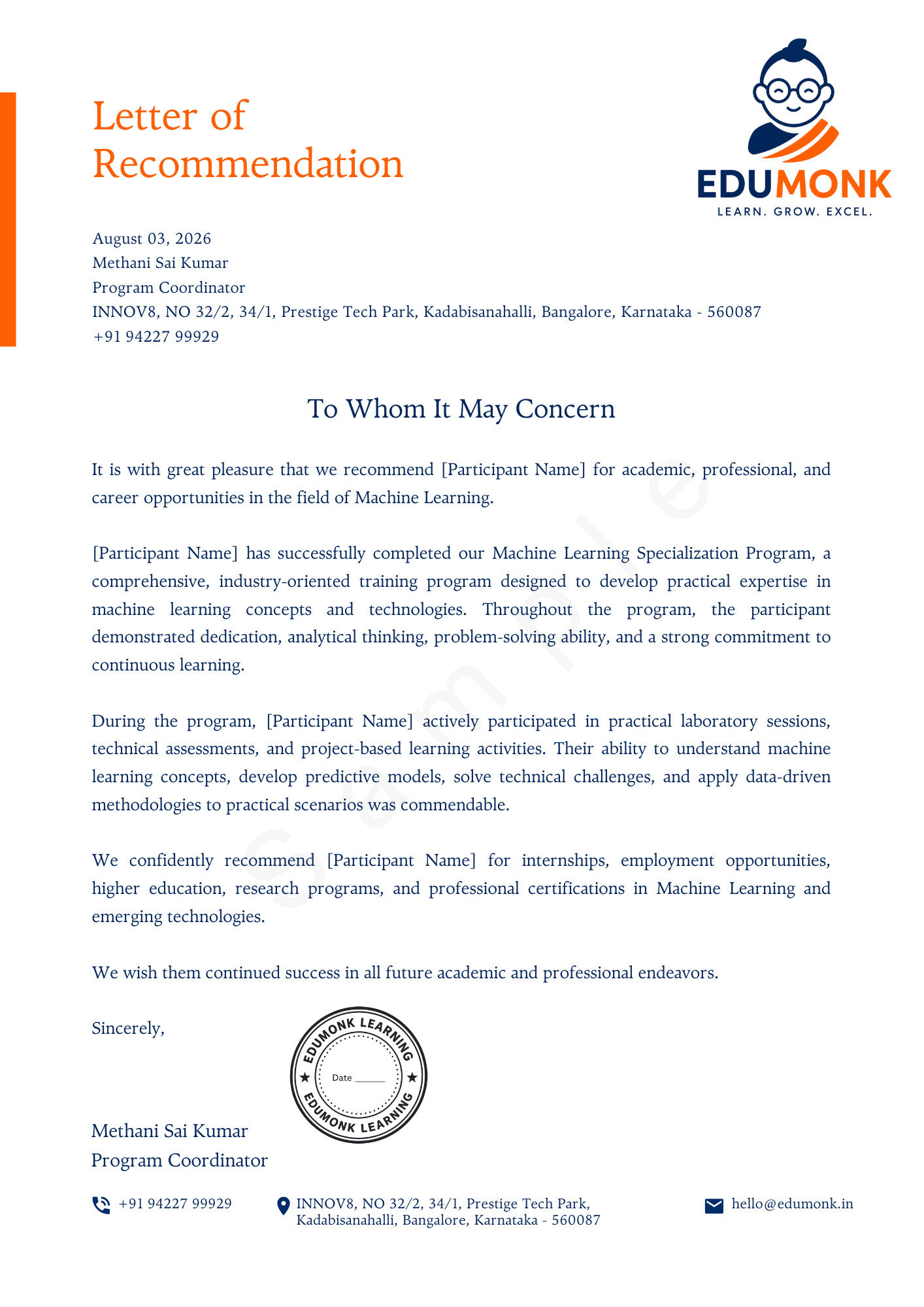 Sample Machine Learning Letter of Recommendation by EduMonk Sample EduMonk Letter of Recommendation for the Machine Learning Certificate of Specialisation