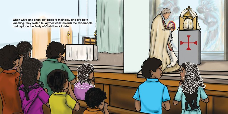 Children sit in church pews, watching a priest at the altar beside a lectern and statue.