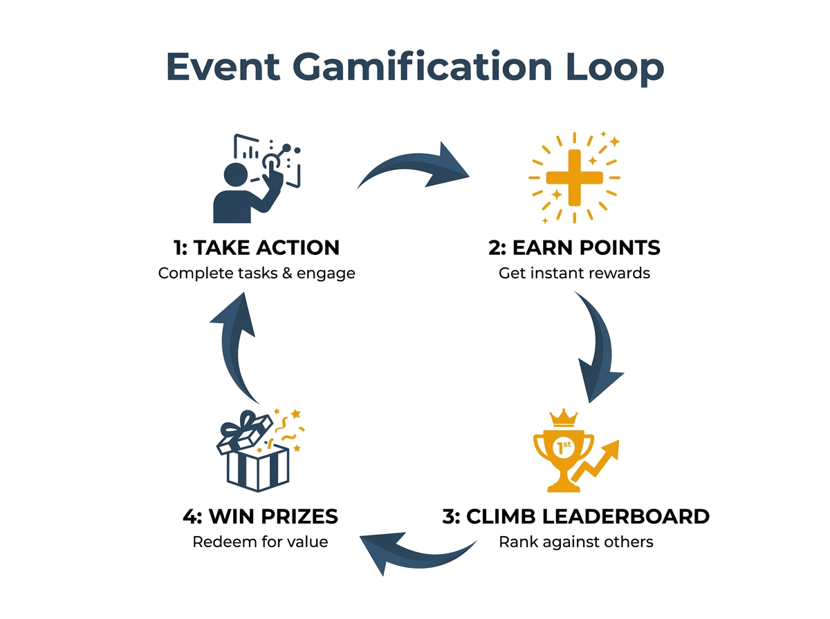 Diagram showing the four-step event gamification loop: Take Action, Earn Points, Climb Leaderboard, and Win Prizes.
