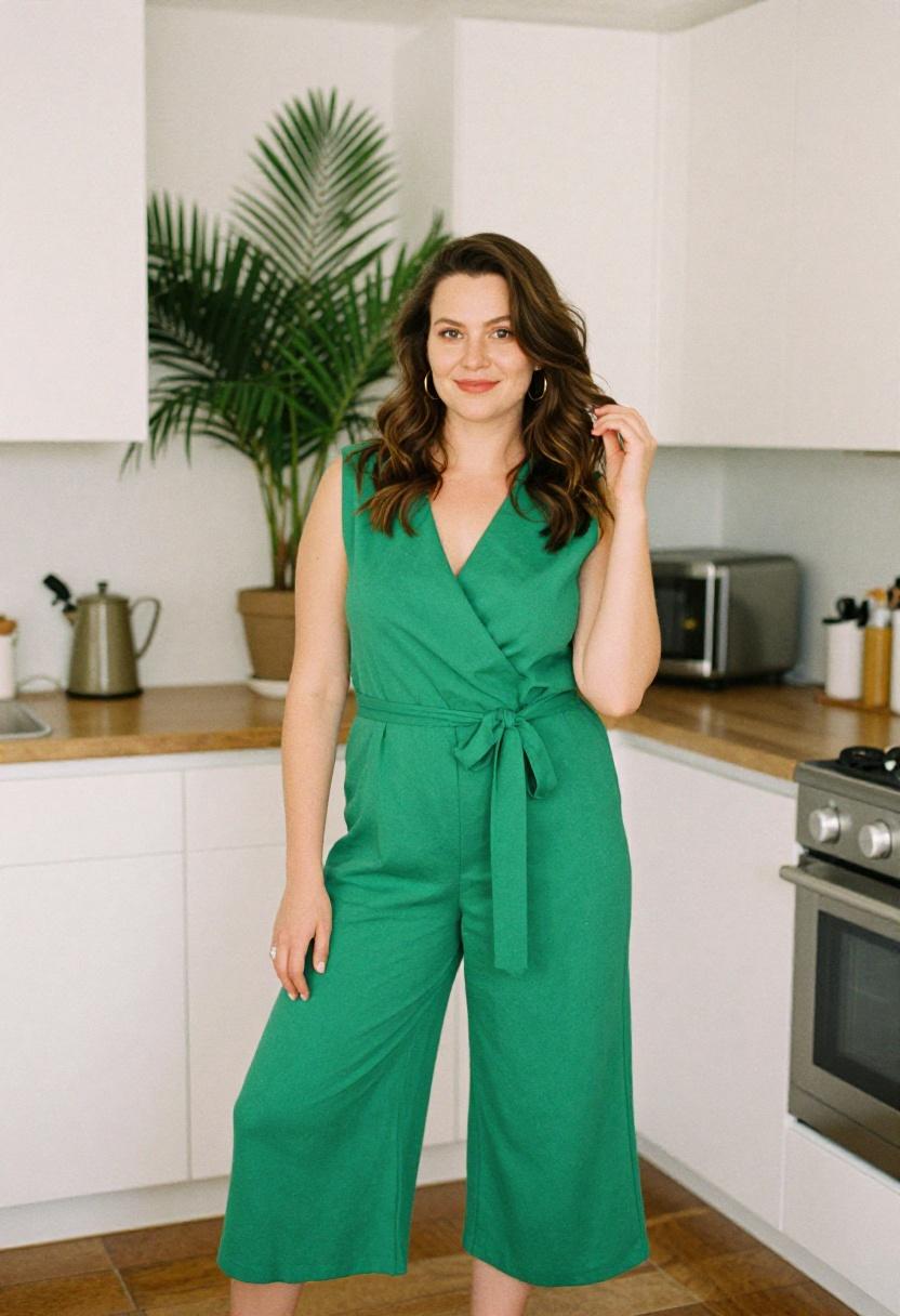 Emerald green wide-leg jumpsuit for date night cooking class