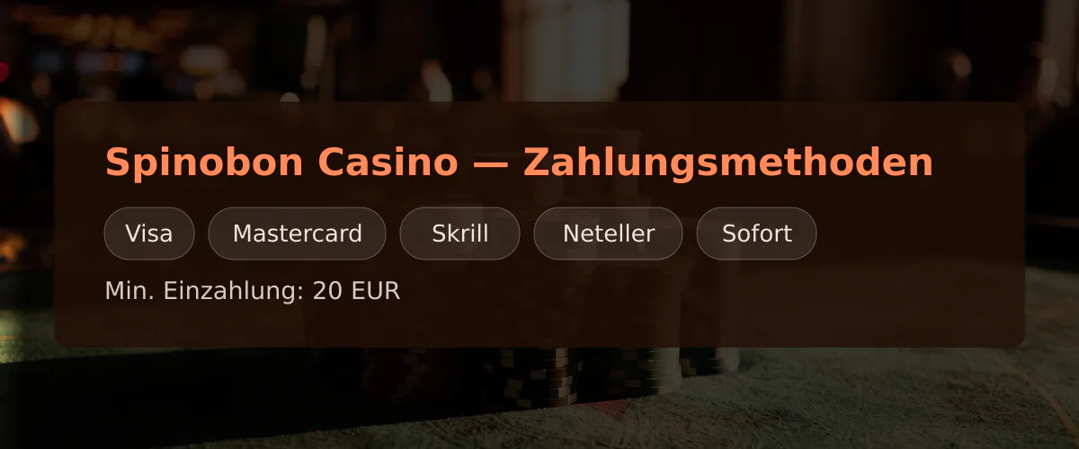 Spinobon Casino — Zahlungsmethoden: Visa, Mastercard, Skrill, Neteller, Sofort