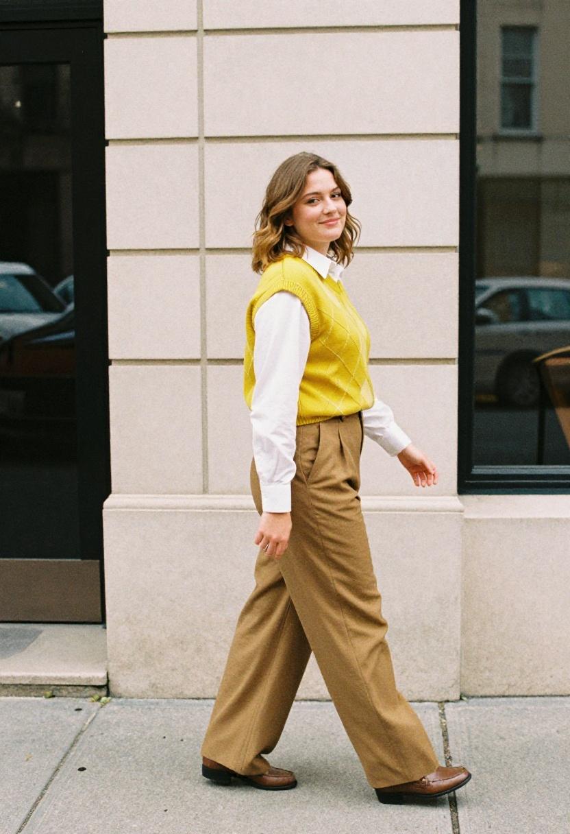 Mustard argyle sweater vest over classic button-down shirt, preppy spring walking look