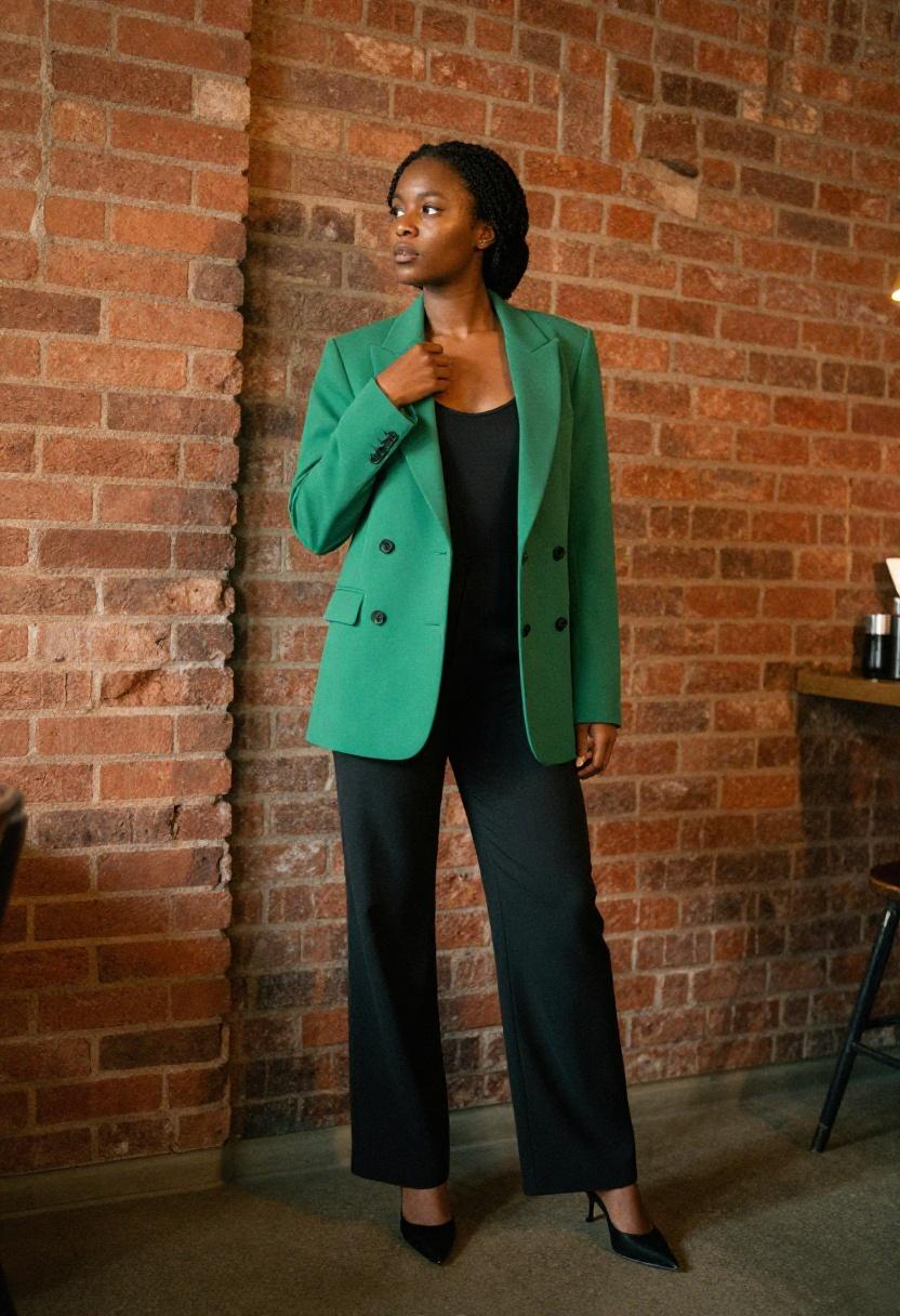 Emerald green blazer over a sleek bodysuit for a cocktail bar or jazz club night out